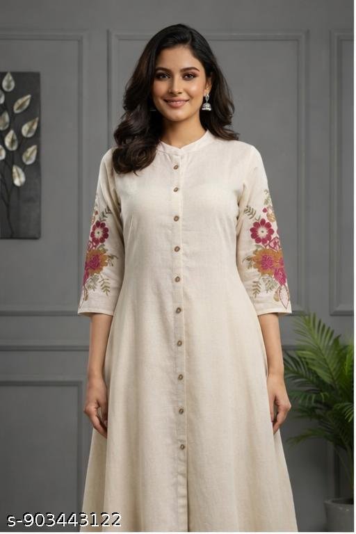 Off White Embroidered Cotton Kurta Pant Set/new trending women kurti set/Embodied khata new suit and pant set - Image 4