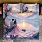 GEETA TEXO FAB Heavy 7D Digital Glace Cotton Super King Size Printed Flat Double Bedsheet, 90 X 100 Inch and 2 Pillow Cover Without Joint II Romantic Couple & Sunset Lake 7D BEDSHEET