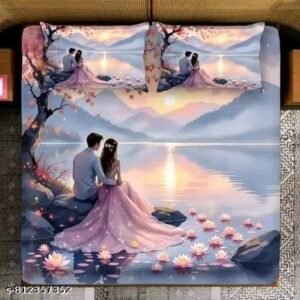 GEETA TEXO FAB Heavy 7D Digital Glace Cotton Super King Size Printed Flat Double Bedsheet, 90 X 100 Inch and 2 Pillow Cover Without Joint II Romantic Couple & Sunset Lake 7D BEDSHEET