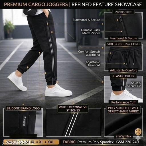 Men Black Relaxed Fit Cargo Track Pants | Stretchable Poly Twill Joggers | Zip Pocket | Side Pockets | Decorative Side Stitch Panel | Ankle Cuffs | Gym, Casual, Sportswear Bottoms - Image 4