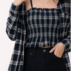 Trendy Women Black Checked Crop Top Shirt Shorts Set