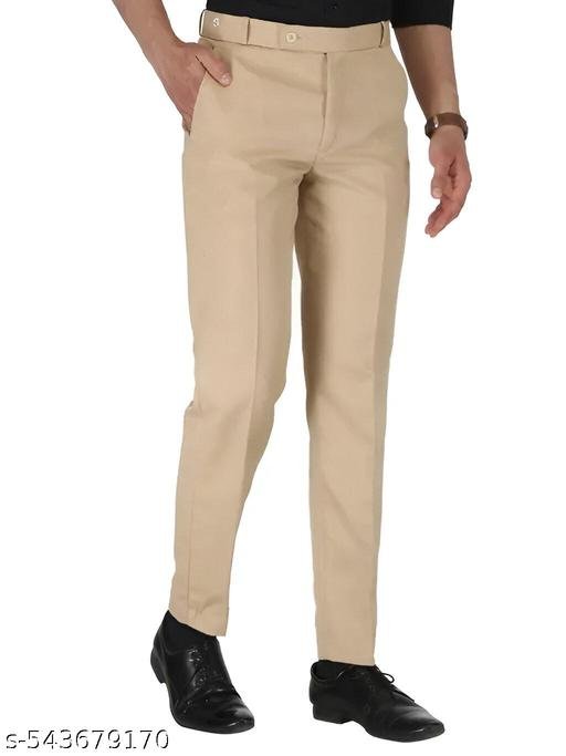Men Regular Fit Beige Cotton Blend Trousers| FORMAL TROUSER CREAM BEIGE