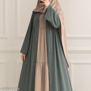 Graceful Modest Ensemble ABAYA BURKHA in Muted Green and Beige ATTACHED INNER WITH GATHERING Women's Black Front-Open Burqa jacket " A POETIC TOUCH PARTY-WEAR BURKHA ABAYA FOR WOMENS & COLLEGE GIRLS