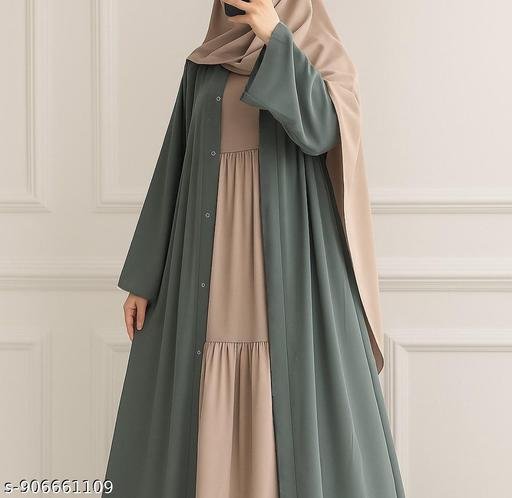 Graceful Modest Ensemble ABAYA BURKHA in Muted Green and Beige ATTACHED INNER WITH GATHERING Women's Black Front-Open Burqa jacket " A POETIC TOUCH PARTY-WEAR BURKHA ABAYA FOR WOMENS & COLLEGE GIRLS