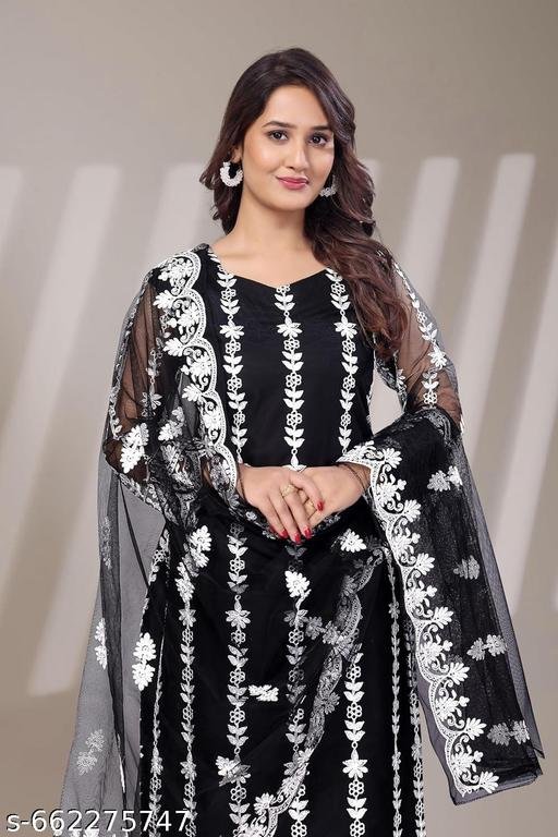 Black Embroidered Kurta Set for Women with Dupatta | White Floral Thread Work Kurti with Churidar | Festive, Party & Daily Wear Ethnic Dress - Image 3