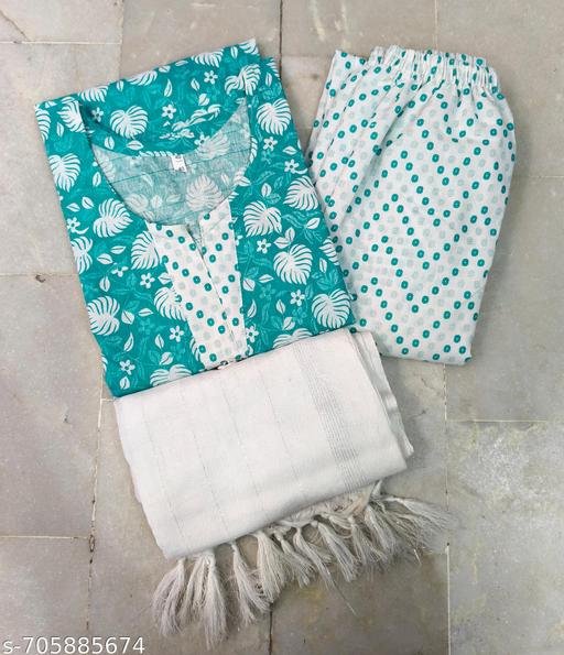Printed, Cotton, kurti pant dupatta set for Women || Kurta set || kurta with pant and dupatta