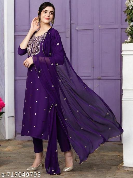 Latest Women Pupule Embroidered Kurta Pant Set with Dupatta | Rayon Straight Kurti Set | Ethnic Daily Wear & Festive Wear Suit