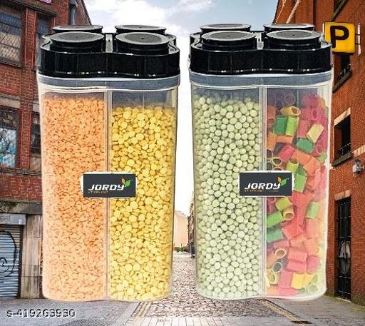 Airtight Kitchen Containers Set (Pack of 2), Cereal Container For Kitchen Storage Set, Plastic Fridge Food Storage Container, Kitchen Storage Jar with 4 Sections and Dispenser, (Black)