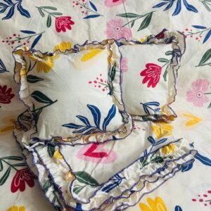 Queen Size Double Bedsheet Set with 2 Frilly Pillow Covers & 2 Frilled Cushions – Elegant Frill Design