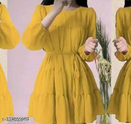 Georgette kids Solid Three Fourth Dori Belt Yellow Dress | mustard yellow solid, A-line silhouette, tiered skirt, cinched waist, A-line, one-piece, tiered dress, tiered skirt, drawstring waist, pull-on, long sleeve, round, drawstring, tiered, above knee, unlined, some stretch, Girls, casual, chiffon, summer - Image 4