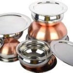 Stainless Steel Copper Bottom Handi/patila/Pot Biryani Punjabi Handi Set with Lid 5 Pieces Set (Capacity:- 0.5 L, 0.8 L, 1.2 L, 1.5 L, 1.8 L) Handi 0.5 L, 0.8 L, 1.2 L, 1.5 L, 1.8 L with Lid (Stainless Steel, Copper, Induction Bottom)