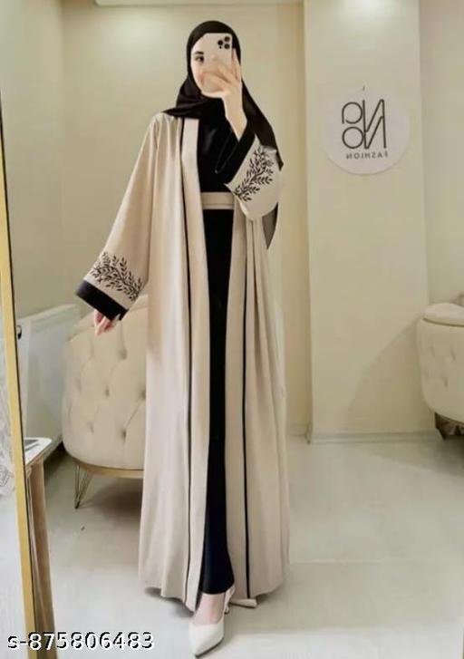 NEW ARRIVAL EMBROIDERY JACKET ABAYA BURQA FOR WOMENSEMBROIDERY SLEEVES DUBAI STYLE BEIGE AND BLACK JACKET ABAYA - Image 4