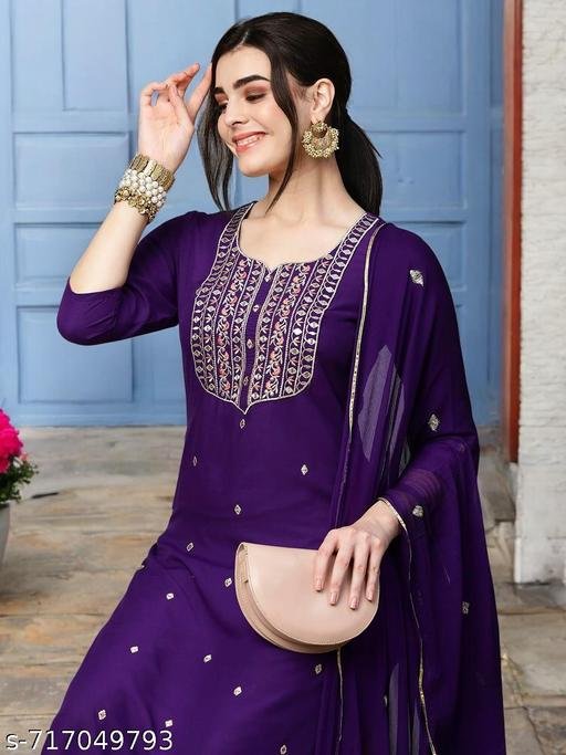 Latest Women Pupule Embroidered Kurta Pant Set with Dupatta | Rayon Straight Kurti Set | Ethnic Daily Wear & Festive Wear Suit - Image 4