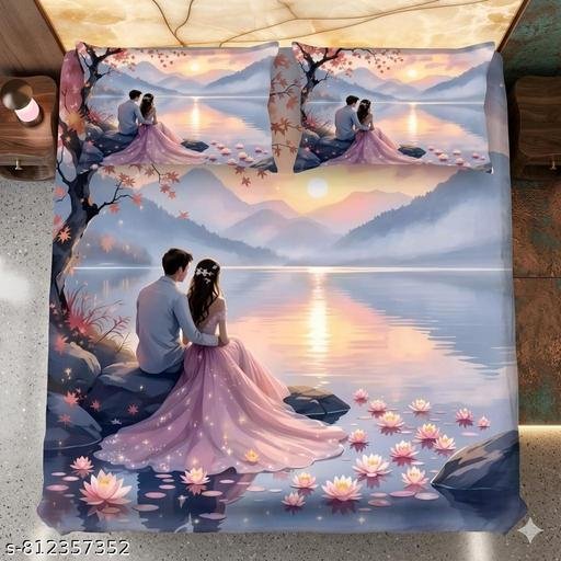 GEETA TEXO FAB Heavy 7D Digital Glace Cotton Super King Size Printed Flat Double Bedsheet, 90 X 100 Inch and 2 Pillow Cover Without Joint II Romantic Couple & Sunset Lake 7D BEDSHEET - Image 5