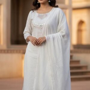 Women cotton white jare set with dupatta