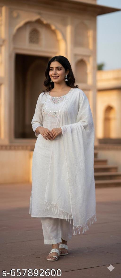 Women cotton white jare set with dupatta