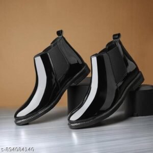 synthetic patent leather elastic side panels black patent Chelsea boots
