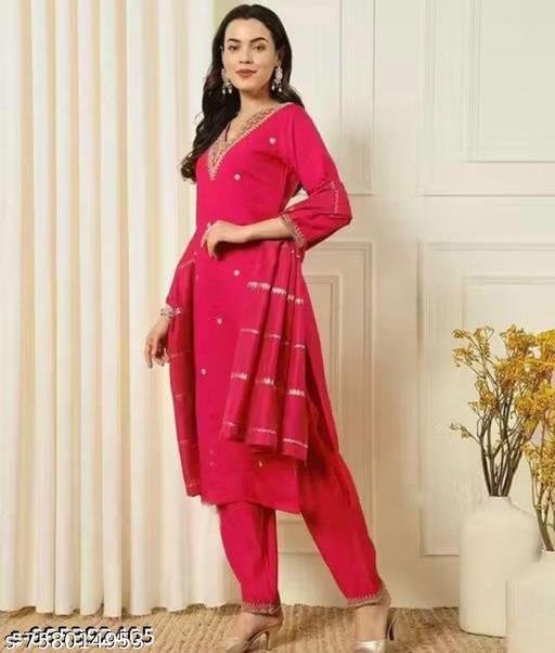 Premium Pink Rayon Slub Embroidered Kurti Pant Dupatta Set for Women | Stylish Party Wear Ethnic Wear | trending kurtis set - Image 4