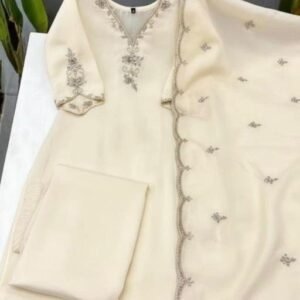 Women Off White Straight Kurta Pant Dupatta Set