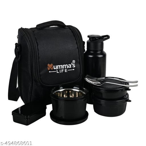 Mumma's LIFE Lunch Box with Steel Cutlery, 3 Microwave Safe Inner Steel Containers (250ml, 400ml, 600ml) Plastic Chutney Dabba 130ml, Steel Bottle 750ml with Insulated Bag, Office Tiffin, Black - Image 3