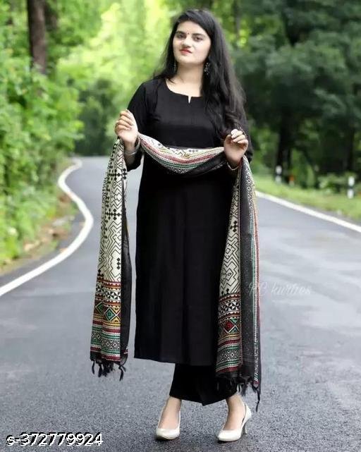 Women's 100% Rayon Printed A-Line Kurti with Pant (BLACK)