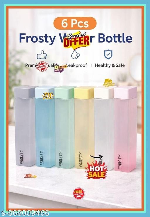 6 Pcs Frosty Water Bottle Set | Leakproof Plastic Fridge Bottle | Multicolor Square Water Bottle | Kitchen & Office Water Bottles Set | 1000 ml Bottle