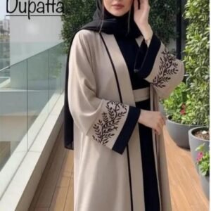 NEW ARRIVAL EMBROIDERY JACKET ABAYA BURQA FOR WOMENSEMBROIDERY SLEEVES DUBAI STYLE BEIGE AND BLACK JACKET ABAYA