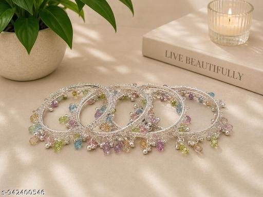 SERA SILVER PLATED KASHMIRI STYLE MULTY BEARDS STUDDED 4PCS BANGLE SET - Image 4