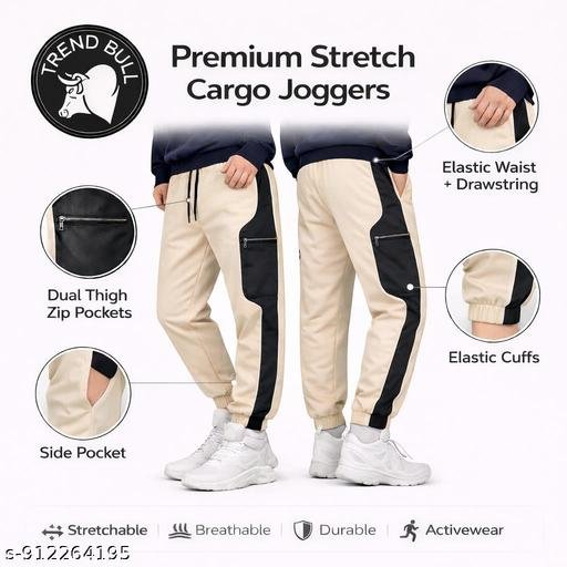 Men’s Cargo Joggers with Contrast Panel & White Piping Detail | Dual Thigh Zip Pocket Design | Stretch Track Pants Elastic Drawstring Waist & Cuffs | Beige Black Lowers - Image 4