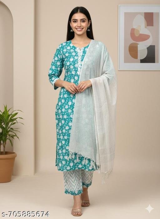 Printed, Cotton, kurti pant dupatta set for Women || Kurta set || kurta with pant and dupatta - Image 3