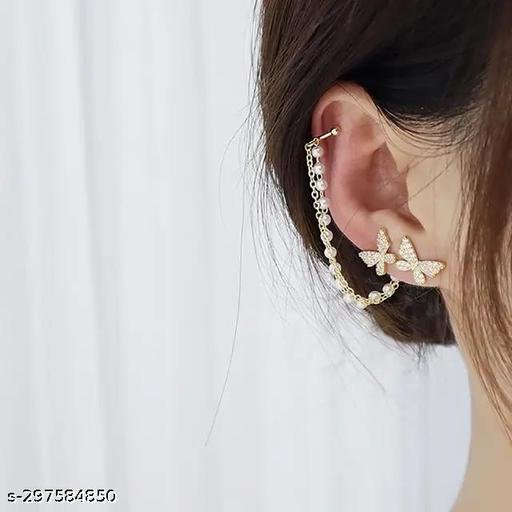 GORGEOUS PAIR OF BUTTERFLY STUDS WITH PEARL CHAIN EAR CUFF EARRINGS - Image 4