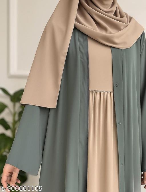 Graceful Modest Ensemble ABAYA BURKHA in Muted Green and Beige ATTACHED INNER WITH GATHERING Women's Black Front-Open Burqa jacket " A POETIC TOUCH PARTY-WEAR BURKHA ABAYA FOR WOMENS & COLLEGE GIRLS - Image 3