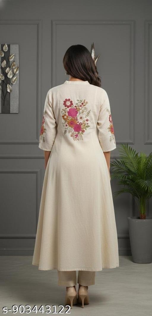 Off White Embroidered Cotton Kurta Pant Set/new trending women kurti set/Embodied khata new suit and pant set - Image 3
