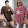 Pack of 2 Oversized T-Shirts for Women - Cotton Blend Loose Fit Graphic Printed Longline Boyfriend Tees (Brown & Pink)