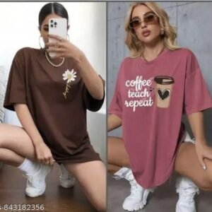 Pack of 2 Oversized T-Shirts for Women - Cotton Blend Loose Fit Graphic Printed Longline Boyfriend Tees (Brown & Pink)