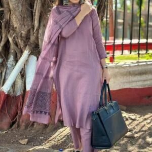 Women Peach Kurta Pant Dupatta Set Cotton Blend Straight Kurti Set for Daily Wear Office Wear