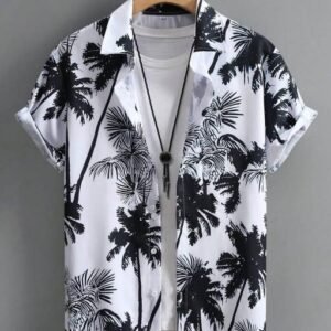 Men's Summer Palm Tree Printed Short Sleeve Casual Shirt, Vacation Style