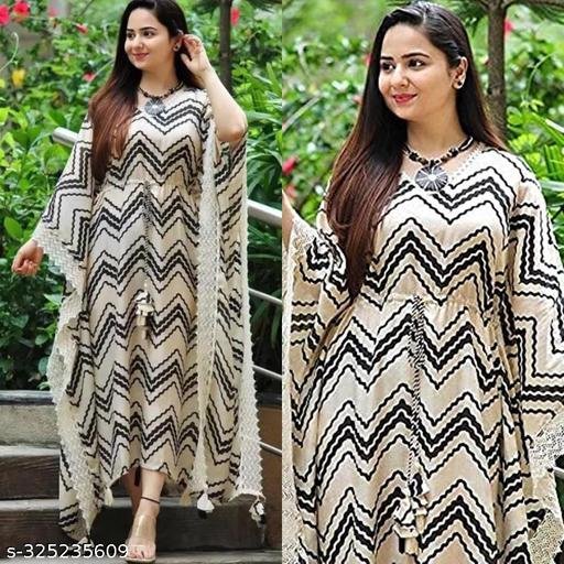 Trendy Western Wear New Stylish Chevron Design Rayon Kaftan for Women's Ethnic Wear Party Wear Dress Cream Black