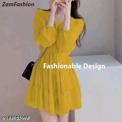 Georgette kids Solid Three Fourth Dori Belt Yellow Dress | mustard yellow solid, A-line silhouette, tiered skirt, cinched waist, A-line, one-piece, tiered dress, tiered skirt, drawstring waist, pull-on, long sleeve, round, drawstring, tiered, above knee, unlined, some stretch, Girls, casual, chiffon, summer - Image 3