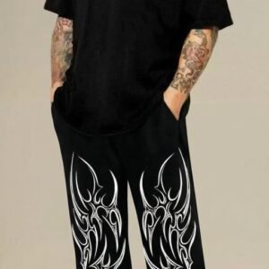 "Men's Trendy Oversized Black Printed Co-ord Set | Bat Logo T-shirt and Tribal Print Trouser Combo"