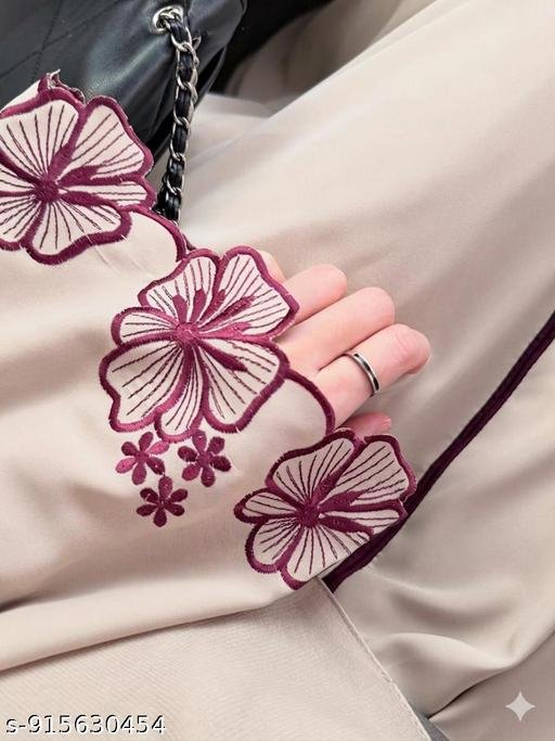 Luxury Beige Floral Embroidered Abaya with Contrast Maroon Detailing – Premium Fabric Dubai Style Designer Abaya for Women | Elegant Modest Wear Front Open Maxi Abaya Dress - Image 4