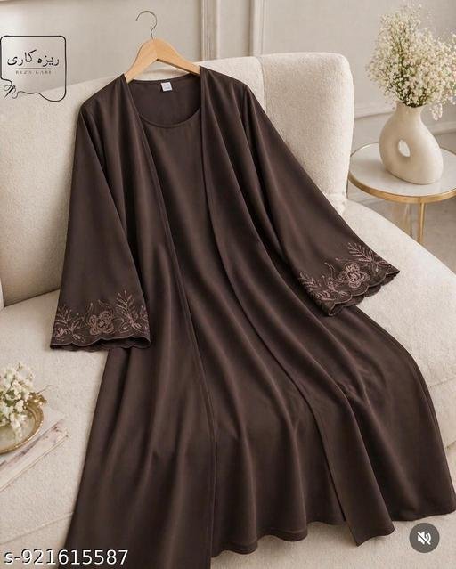 ELEGANCE TRENDY DUBAI FRONT OPEN CUTWORK ASTIN EMBROIDERY WITH ATTACHED INNER CUTWORK SLEEVE ABAYA BURQA HIJAB DUPATTA BURKHA ABAYA SET JILBAB SET FOR WOMENS & COLLEGE GIRLS - Image 3