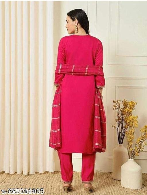 Premium Pink Rayon Slub Embroidered Kurti Pant Dupatta Set for Women | Stylish Party Wear Ethnic Wear | trending kurtis set - Image 5