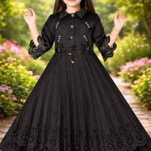 Stylish Girls Pleated Anarkali Dress with Laser Cut Hem & Belt | Party Wear Ethnic Maxi Dress for Kids