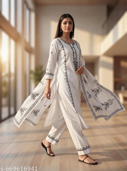 White Embroidered Kurta Set With printed Dupatta - Image 3