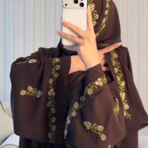 Elegant Brown Floral Embroidered Abaya with Matching Hijab Graceful Coffee Brown Abaya with Rose Vine Embroidery Premium Modest Wear Abaya with Floral Handwork Design