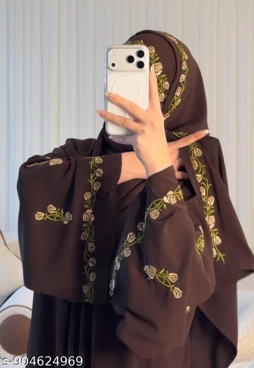 Elegant Brown Floral Embroidered Abaya with Matching Hijab Graceful Coffee Brown Abaya with Rose Vine Embroidery Premium Modest Wear Abaya with Floral Handwork Design