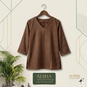 Women Pure Cotton Solid Brown Kurti