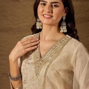 Latest Premium Off White Jacquard Silk Straight Kurta Set with Pant Lace Detailing & Dupatta