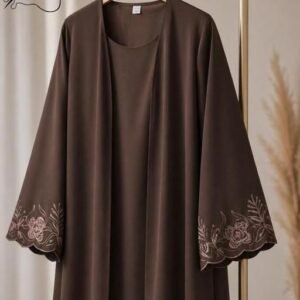 ELEGANCE TRENDY DUBAI FRONT OPEN CUTWORK ASTIN EMBROIDERY WITH ATTACHED INNER CUTWORK SLEEVE ABAYA BURQA HIJAB DUPATTA BURKHA ABAYA SET JILBAB SET FOR WOMENS & COLLEGE GIRLS
